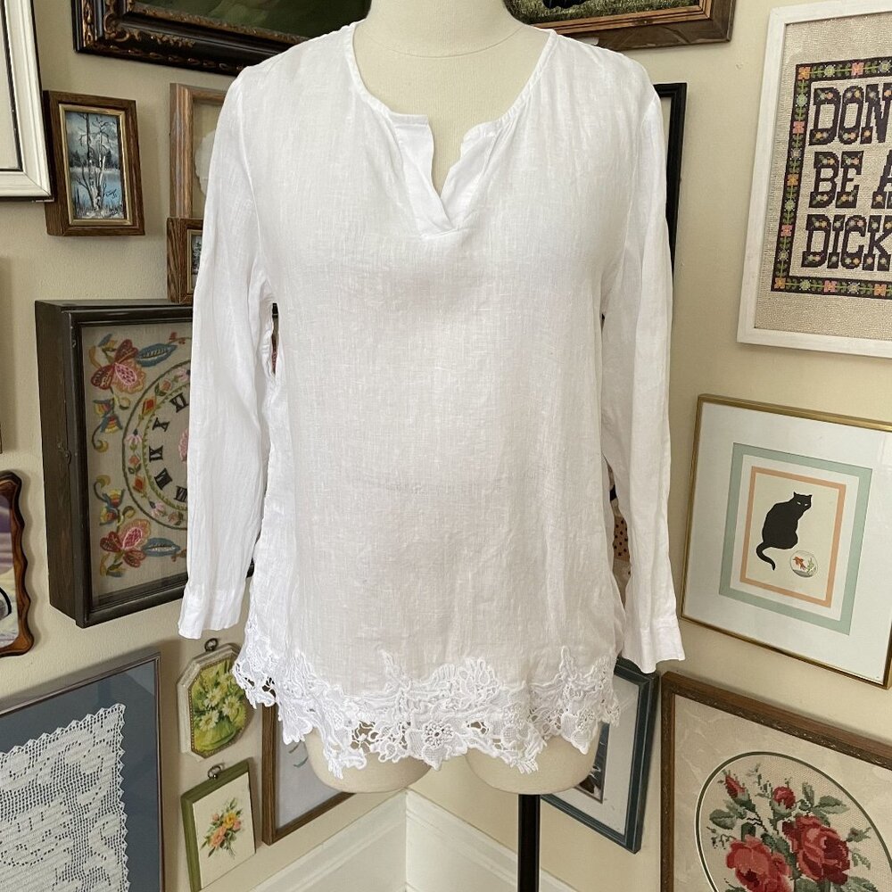 Coldwater Creek Womens Long Sleeve White Linen Blouse With Lace Hem Size L